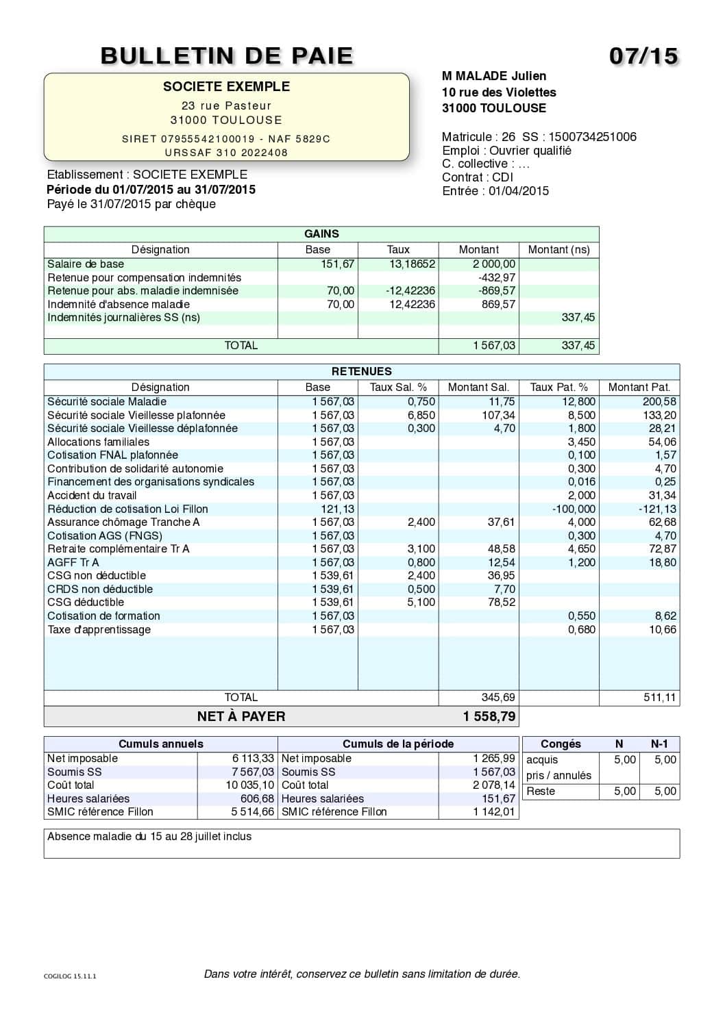 Exemple de Bulletin absence maladie indemnisée à 100 % avec subrogation Source cogilog