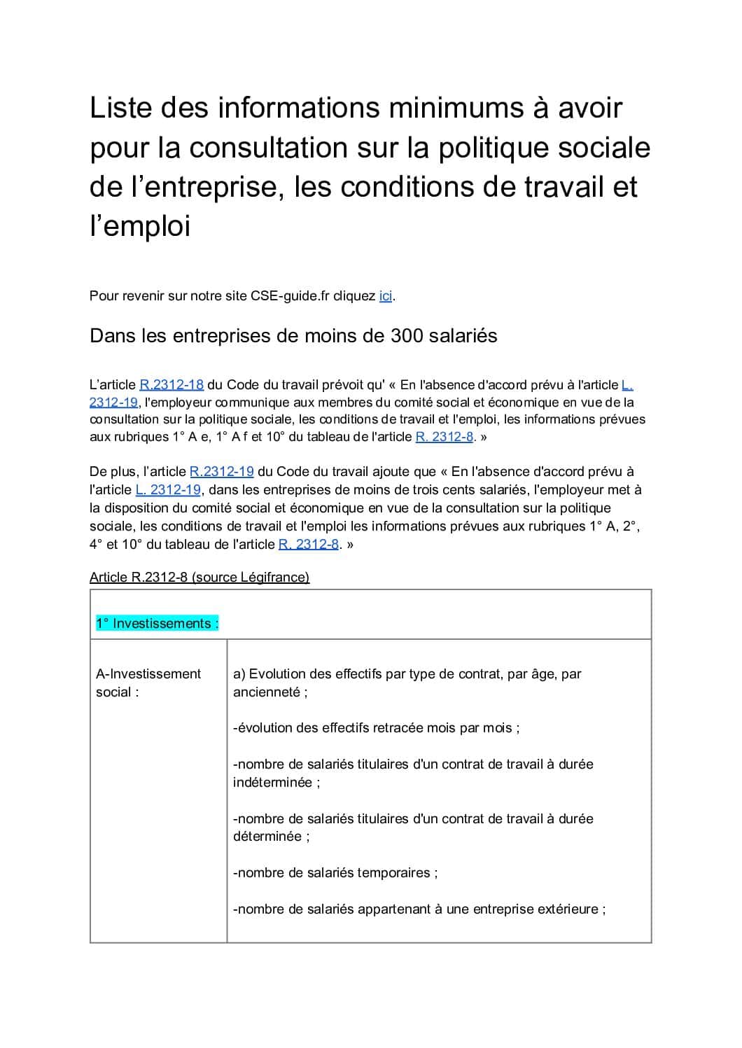 La liste des informations à avoir pour la consultation sur la politique sociale de l’entreprise, les conditions de travail et l’emploi